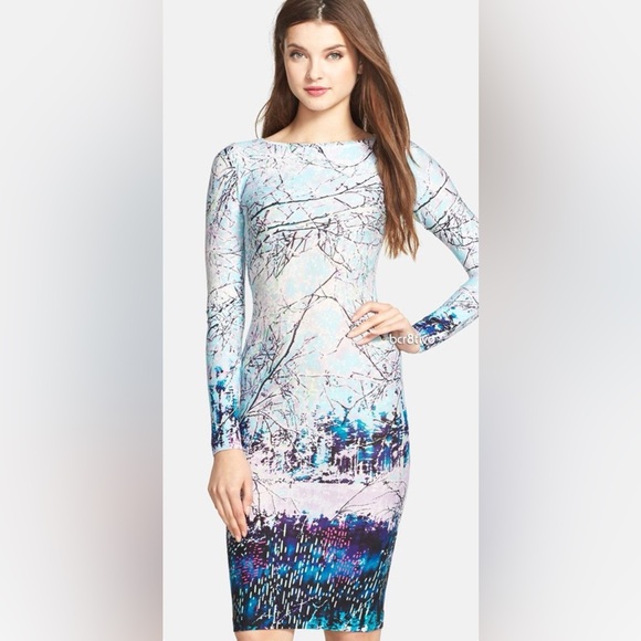 BCBGMaxAzria Dresses & Skirts - BCBGMaxAzria Winter Forest print Bodycon blue & white long-sleeve dress - size L